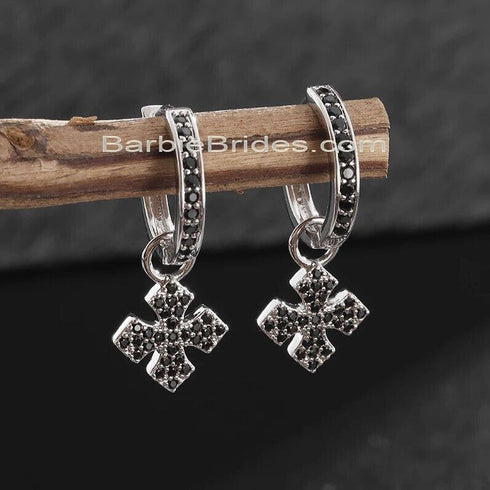 Paved 14K White Gold Plated Black Cubic Zirconia Men Women Cross Dangle Earrings
